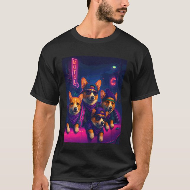 Lustige Synthwave-Welsh-Corgi-Straßen-Crew T-Shirt (Vorderseite)