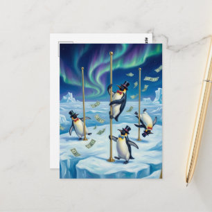 Lustige tanzende Pinguine Nordpol regnet Geld Postkarte