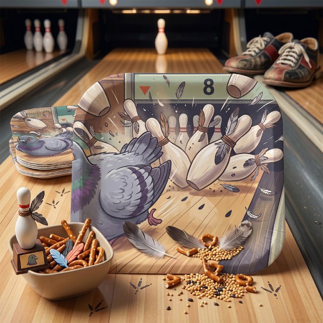Lustige Tauben-Bowling-Strike-Cartoon-Kunst Pappteller (Von Creator hochgeladen)