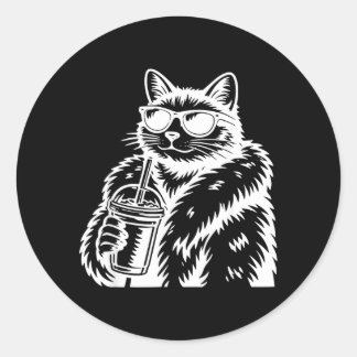 Lustige Tier-Meme: Katze trinkt eisgekühlten Kaffe Runder Aufkleber