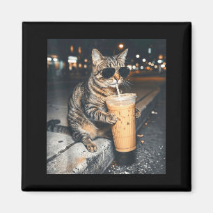 Lustige Tier-Meme Katzen Trinken Eiskaffee Männer  Magnet
