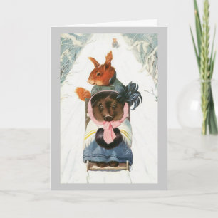 Lustige Tiere beim Schlittenfahren - Vintage Weihn Feiertagskarte