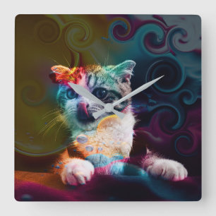 LUSTIGE TRENDIGE FARBENFROHE KATZENKUNST QUADRATISCHE WANDUHR