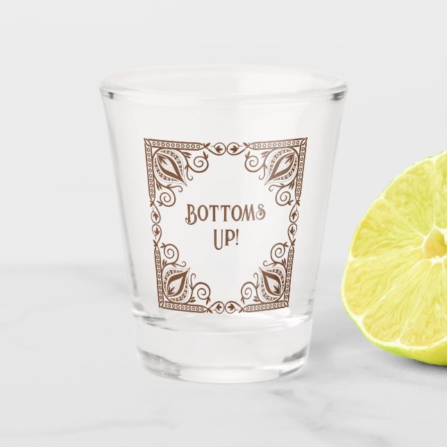 Lustige Trink-Themen-Bottoms-Up!-Lotus-Kunst-Rahme Schnapsglas (Vorderseite)
