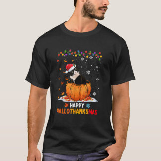 Lustige Tuxedo-Katze auf Kürbis Happy Hallothanksm T-Shirt