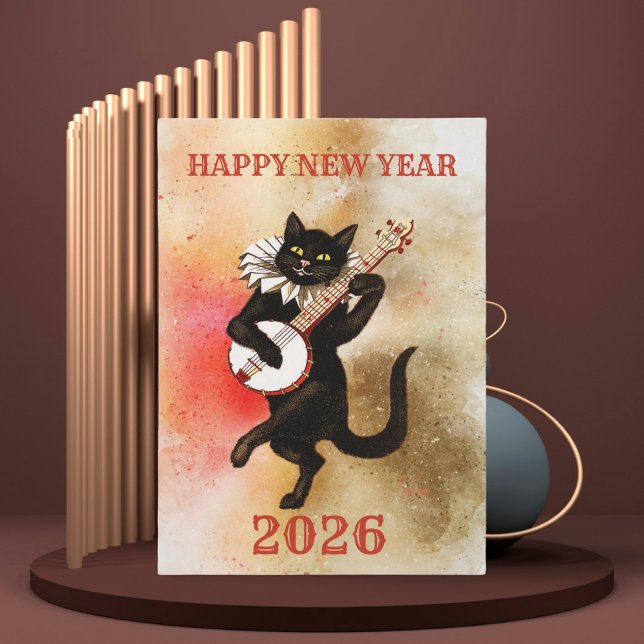 Lustige und vintage Silvester-Grusskarte (Happy new year vintage Card- Funny black cat playing music )