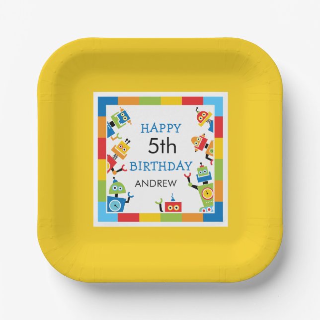 Lustige verrückte Roboter Geburtstag Papier Teller (Vorderseite)