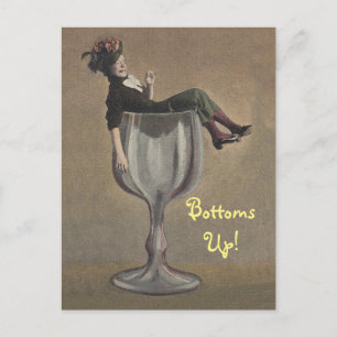 Lustige Vintage-Bottoms-Up-Dame-in-Weinglas-Postka Postkarte