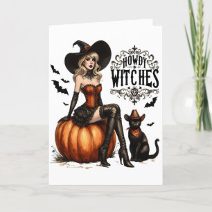 Lustige Vintage-Howdy-Hexen-Halloween Feiertagskarte