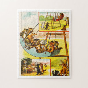 Lustige Vintage-Katzen tollen auf Spielplatzschauk Puzzle