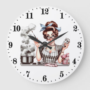 Lustige Vintage-Kochdame  Große Wanduhr