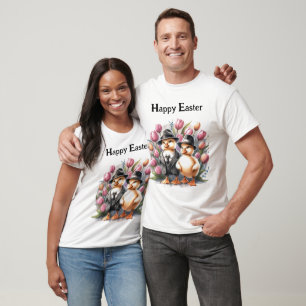 Lustige Vintage-Osterküken in Anzügen rosa Tulpe T-Shirt