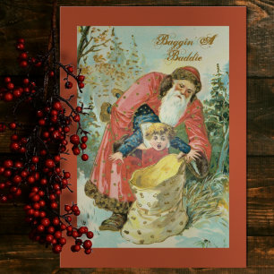 Lustige Vintage-Weihnachtskarte: Santa stopft Böse Feiertagskarte