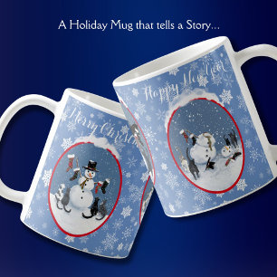 Lustige Vintage-Weihnachtskatzen und Schneemann Kaffeetasse
