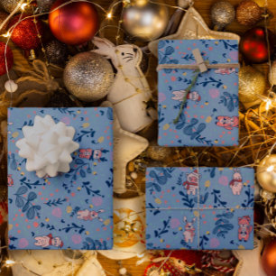 Lustige Waldtiere Blaues Winterwaldmuster Geschenkpapier Set
