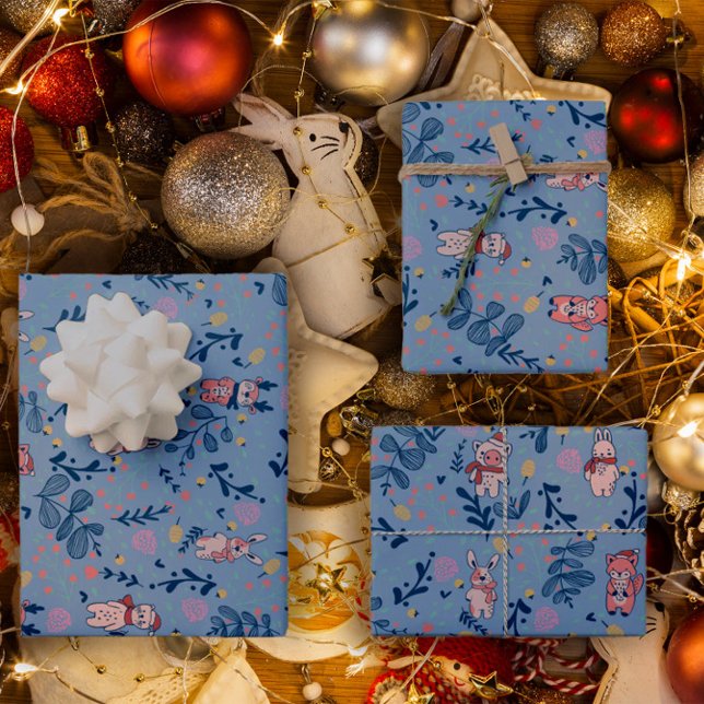 Lustige Waldtiere  Blaues Winterwaldmuster Geschenkpapier Set (Von Creator hochgeladen)