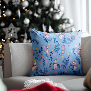 Lustige Waldtiere Blaues Winterwaldmuster Kissen