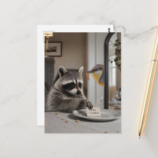 Lustige Waschbär-Schuldschein 1 Cookie  Postkarte (Vorderseite/Rückseite Beispiel)