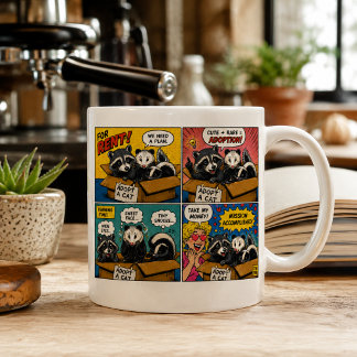 Lustige Waschbären, die sich als Katzen-Comic tarn Kaffeetasse