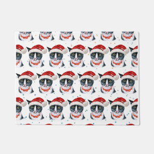 Lustige Weihnachten Schwarz-Weiß-Katze Aquarell Fußmatte