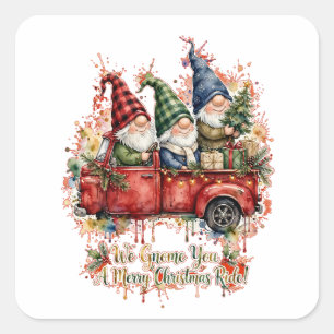 Lustige Weihnachts-Gnome-LKW-Wasserfarben-Aufklebe Quadratischer Aufkleber