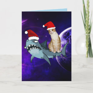 LUSTIGE WEIHNACHTS-WELTRAUM-KATZE & HAI-GRUSSKARTE DANKESKARTE