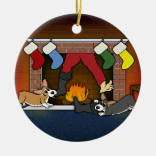 Lustige Weihnachtskamincorgis-Verzierung Keramikornament
