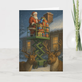 Lustige Weihnachtskarte Santa auf Scherenhubbühne Karte