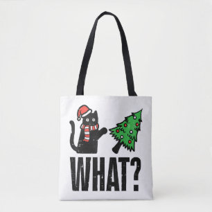 Lustige Weihnachtskatze kippt Weihnachtsbaum