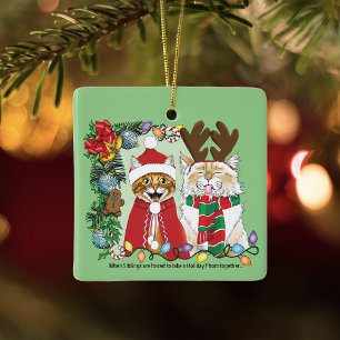 Lustige Weihnachtskatzen Feiertagsfoto Geschwister Keramikornament