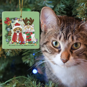 Lustige Weihnachtskatzen Feiertagsfoto Geschwister Keramikornament
