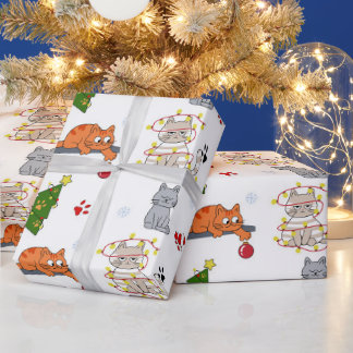 Lustige Weihnachtskatzen, verheddert in Lichterket Geschenkpapier