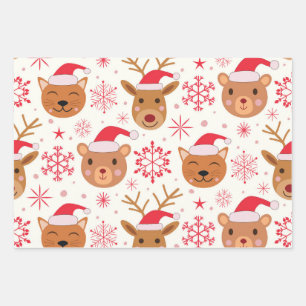 Lustige Weihnachtstiere mit Weihnachtsmannmützen  Geschenkpapier Set