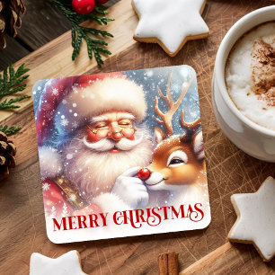 Lustige Weihnachtsuntersetzer mit Santa und Rudolp Rechteckiger Pappuntersetzer