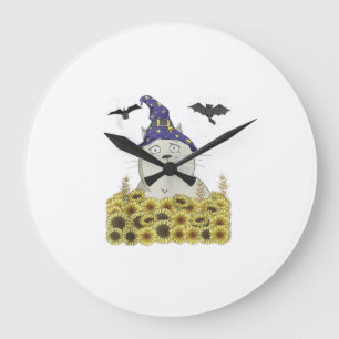 Lustige weiße Katze in Hexenhut Vintage Halloween Große Wanduhr
