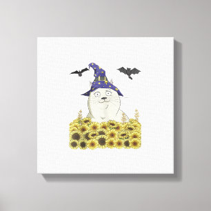 Lustige weiße Katze in Hexenhut Vintage Halloween Leinwanddruck