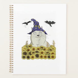 Lustige weiße Katze in Hexenhut Vintage Halloween Planer