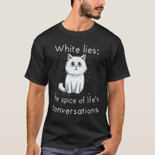Lustige weiße Katze mit würziger Unterhaltung mit T-Shirt