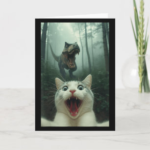 Lustige weiße Katze Selfie mit T-Rex Dinosaurier, Karte