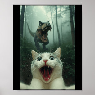 Lustige weiße Katze Selfie mit T-Rex Dinosaurier, Poster
