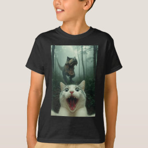 Lustige weiße Katze Selfie mit T-Rex Dinosaurier, T-Shirt