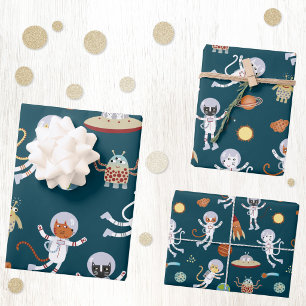 Lustige Weltraumkatze-Astronauten-Muster Geschenkpapier Set