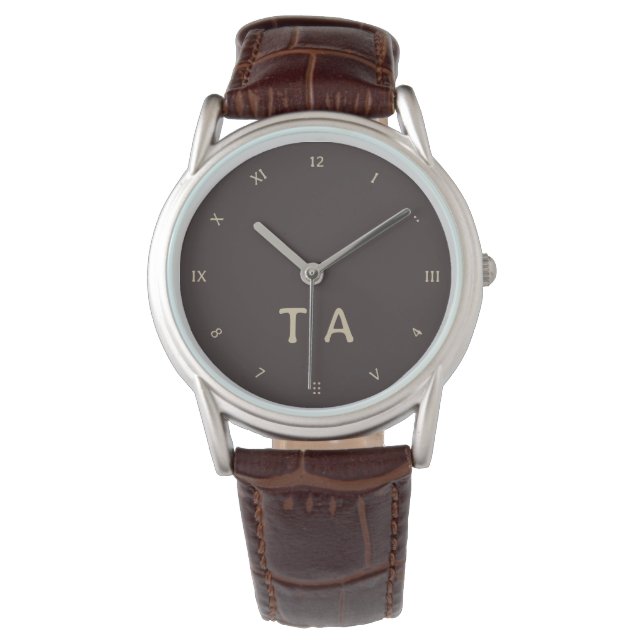 Lustige Zahlen, kaffeebraune Initialen oder Name Armbanduhr (Vorderseite)