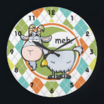 Lustige Ziege; Buntes Rauten-Muster Große Wanduhr<br><div class="desc">Lustige Cartoongebirgsziege sagen meh auf bunter Raute; orange,  grünes,  aquamarines und gelbes Muster.  Großes Gaggeschenk für faule Person</div>