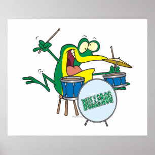 lustiger alberner Cartoon Frosch Drummer Cartoon Poster