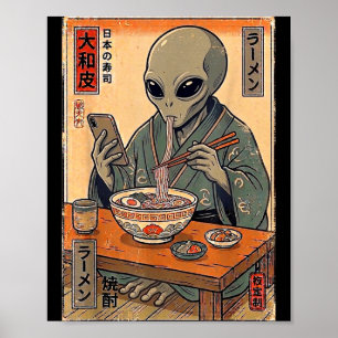 Lustiger Alien isst Ramen Retro japanische Männer Poster