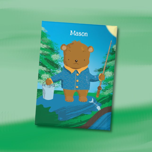 Lustiger Angel-Braunbär-Kind Pin-Button Button (Fun fishing brown bear kid rectangular button with name .)