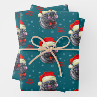 Lustiger anspruchsvoller Weihnachtsmann-Hut Katze Geschenkpapier Set