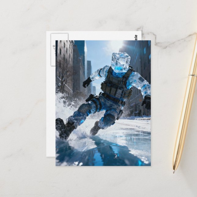 Lustiger anthropomorpher Eiswürfel fällt auf Eis Postkarte (Vorderseite/Rückseite Beispiel)