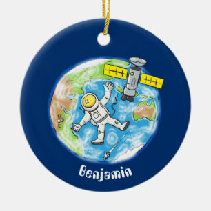 Lustiger Astronaut im Weltraum und Erde Cartoon Keramik Ornament